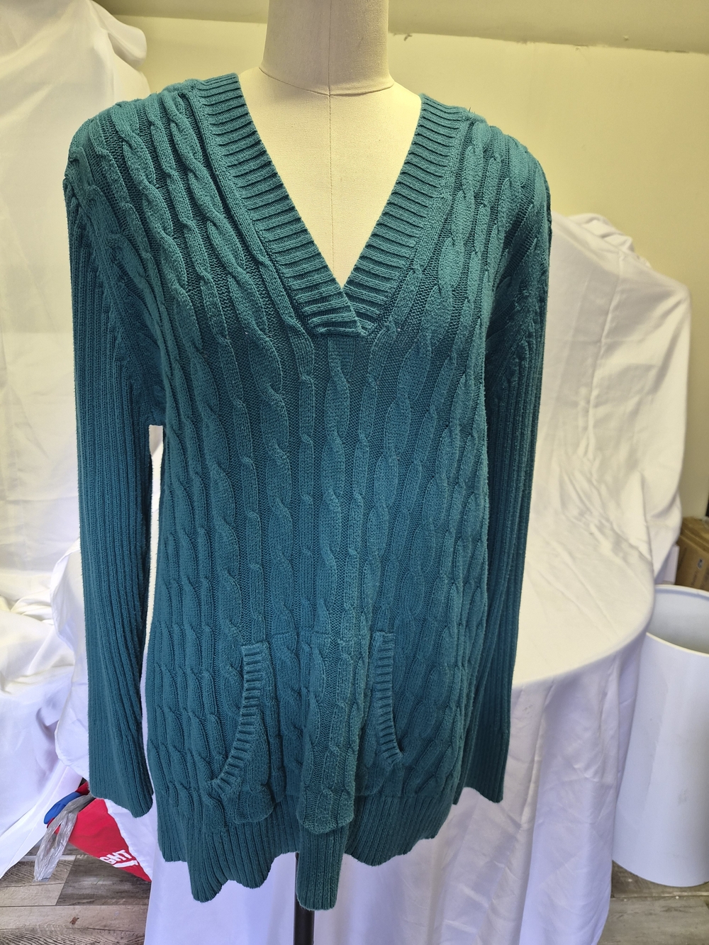 Fashion Bug Teal Cable Knit V-Neck Sweater